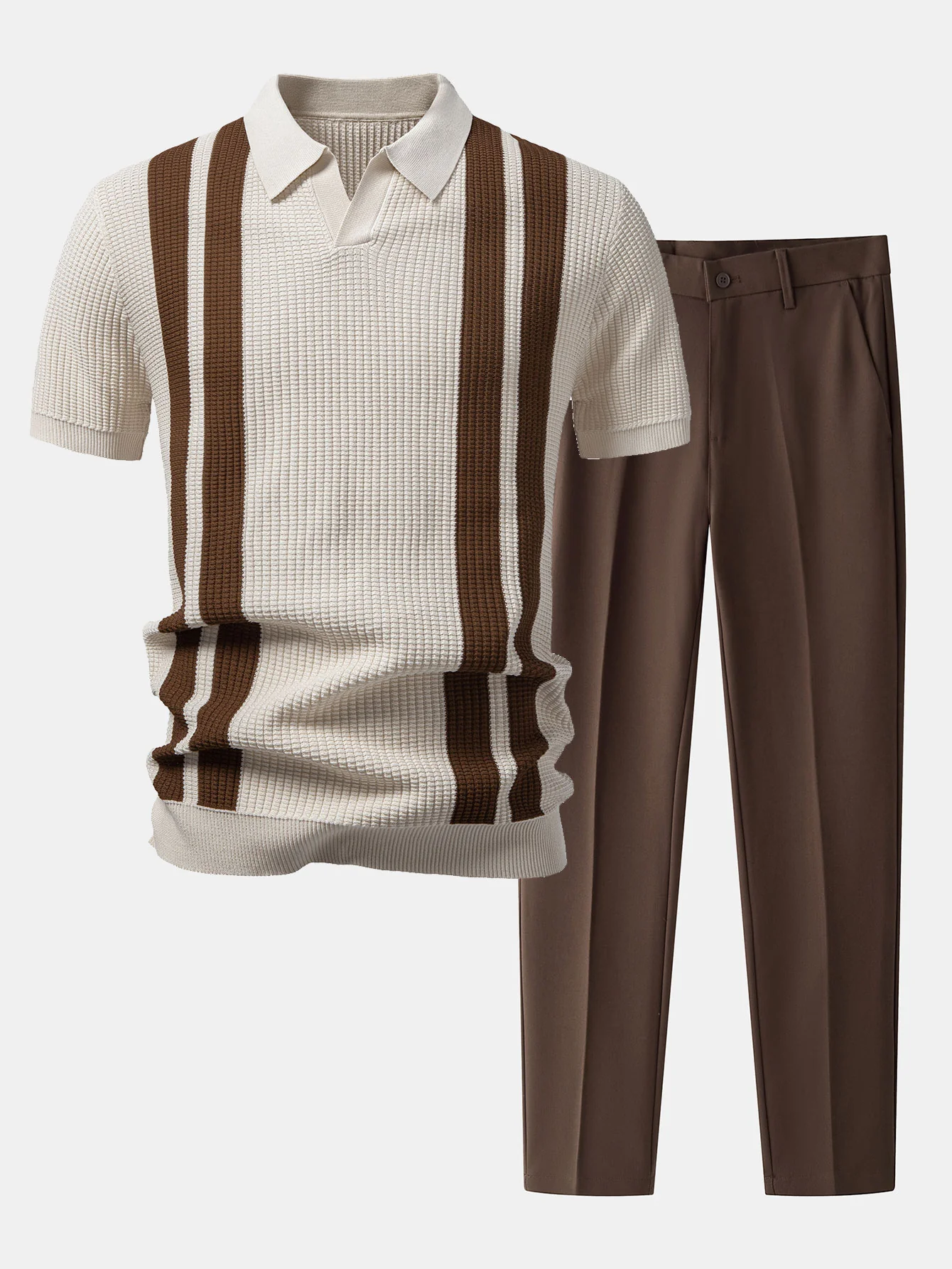 Stripe Johnny Collar Knit Polo & Slim Fit Tapered Trousers