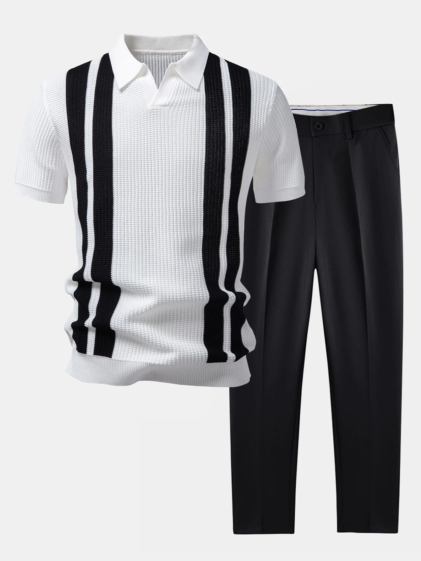Stripe Johnny Collar Knit Polo & Slim Fit Tapered Trousers - Image 2