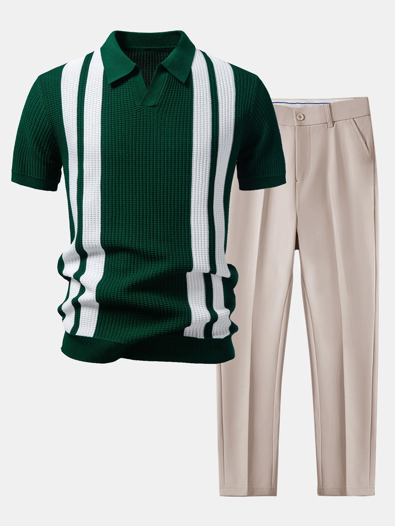 Stripe Johnny Collar Knit Polo & Slim Fit Tapered Trousers - Image 3