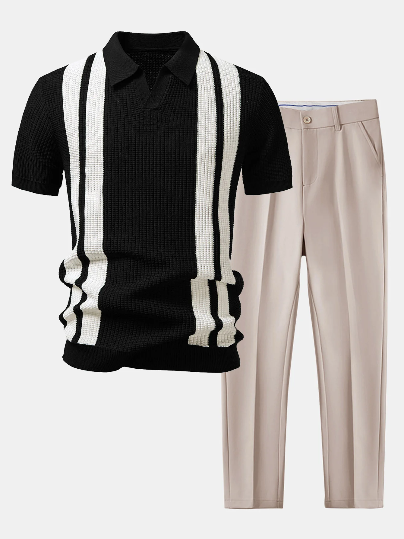 Stripe Johnny Collar Knit Polo & Slim Fit Tapered Trousers - Image 4
