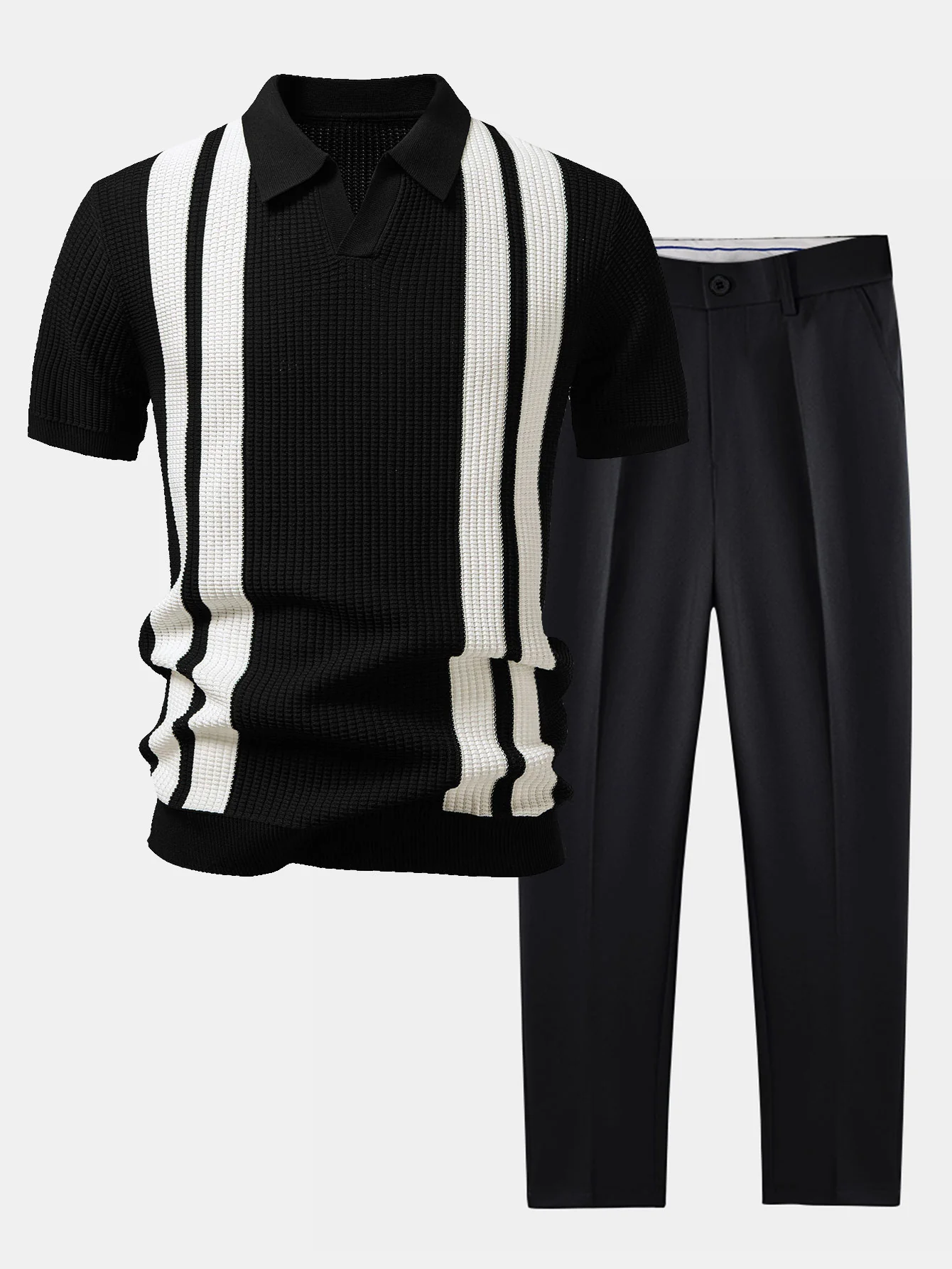 Stripe Johnny Collar Knit Polo & Slim Fit Tapered Trousers - Image 5