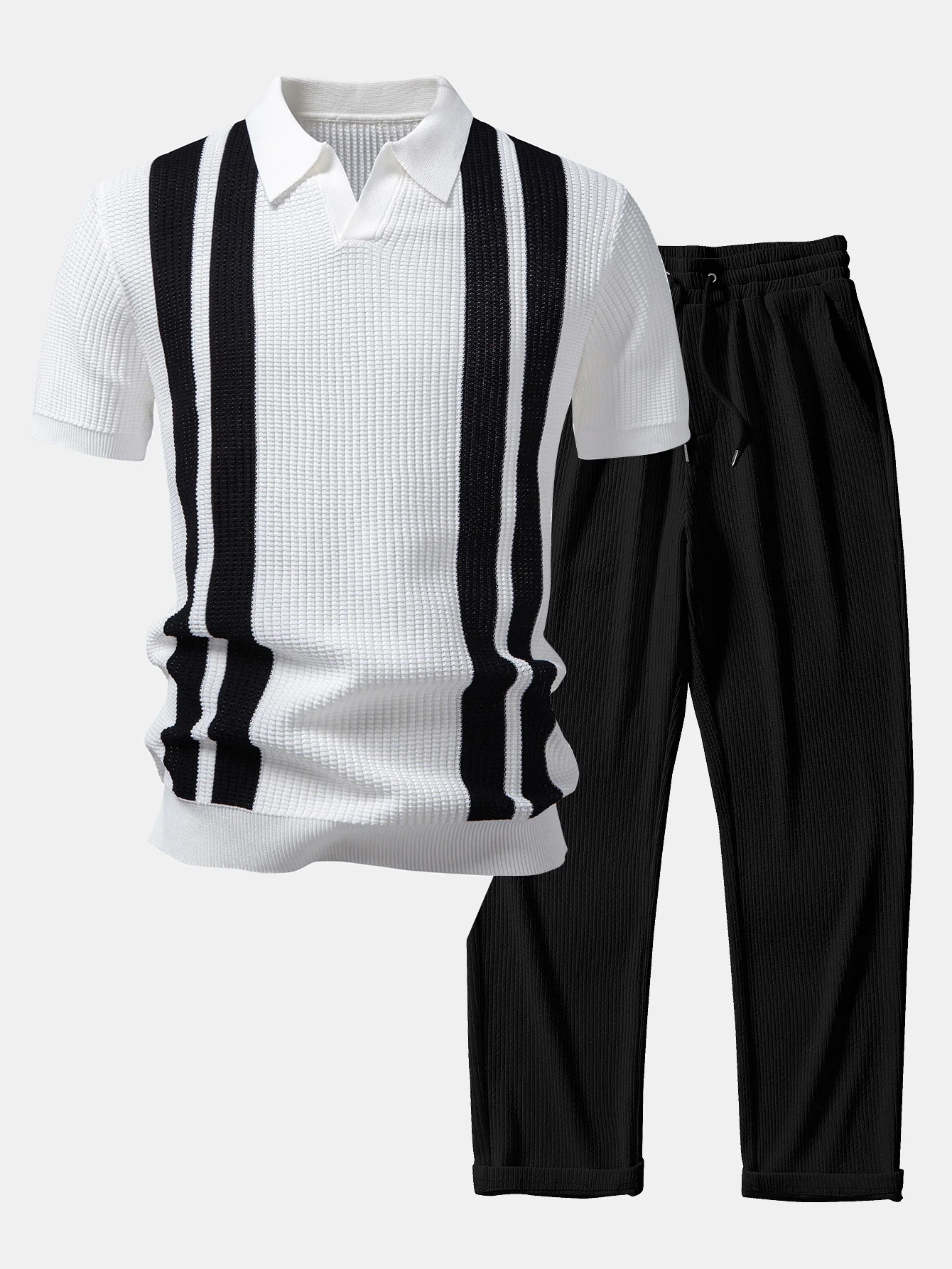 Stripe Johnny Collar Knit Polo & Straight Leg Ribbed Pants - Image 2