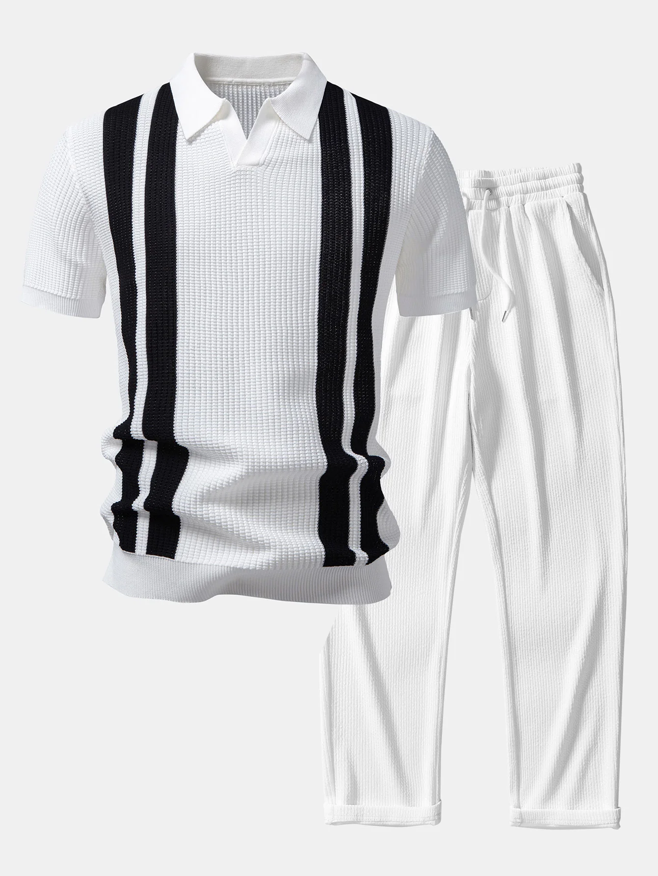 Stripe Johnny Collar Knit Polo & Straight Leg Ribbed Pants - Image 3