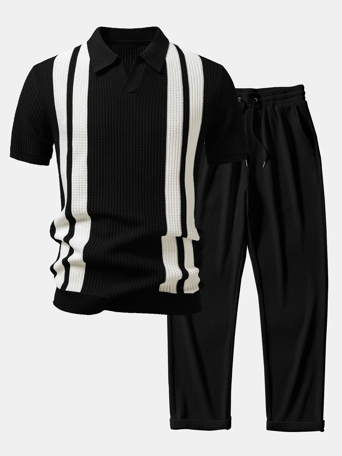 Stripe Johnny Collar Knit Polo & Straight Leg Ribbed Pants - Image 4