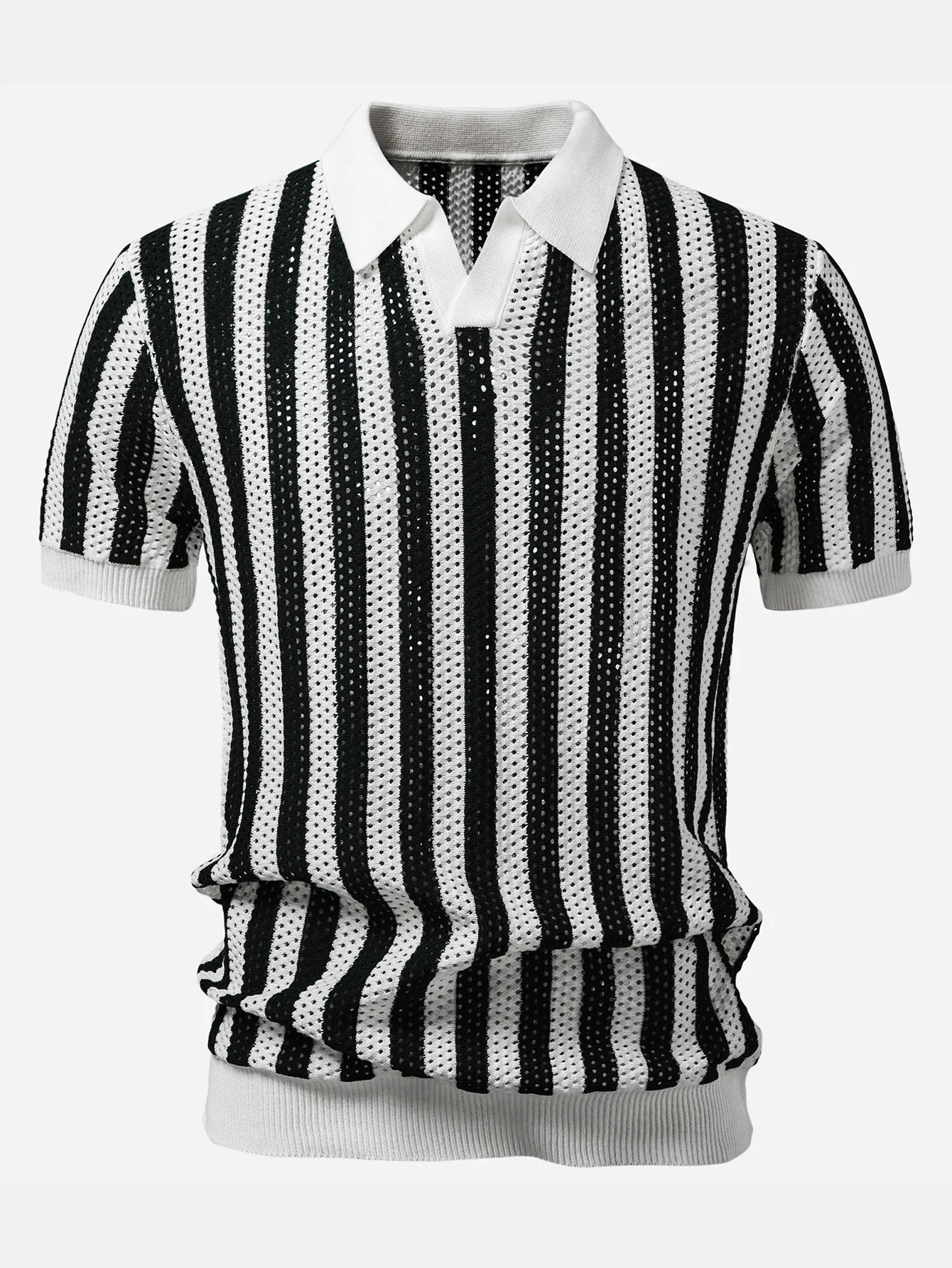 Stripe Johnny Collar Open Knit Polo - Image 5