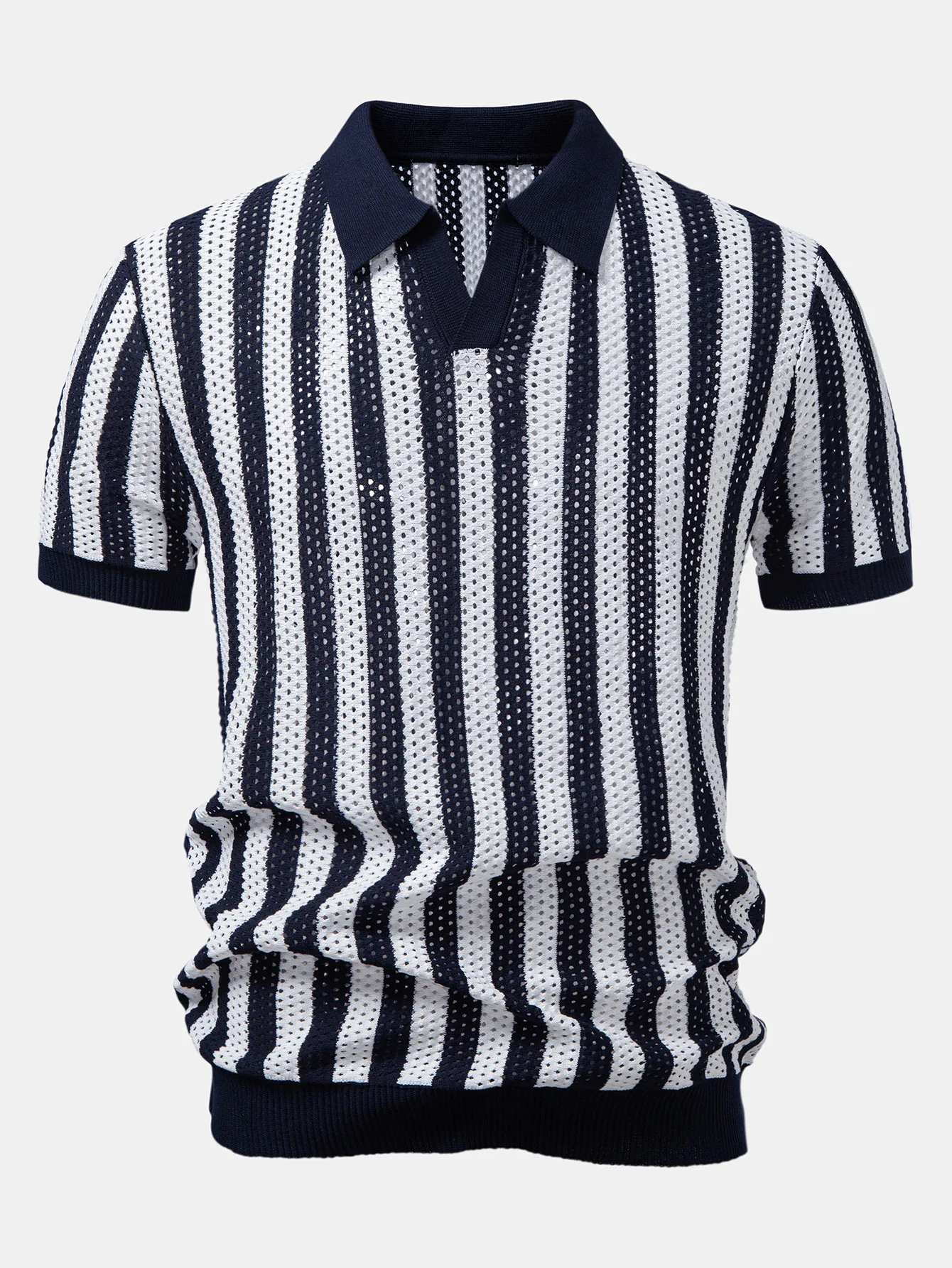 Stripe Johnny Collar Open Knit Polo - Image 7