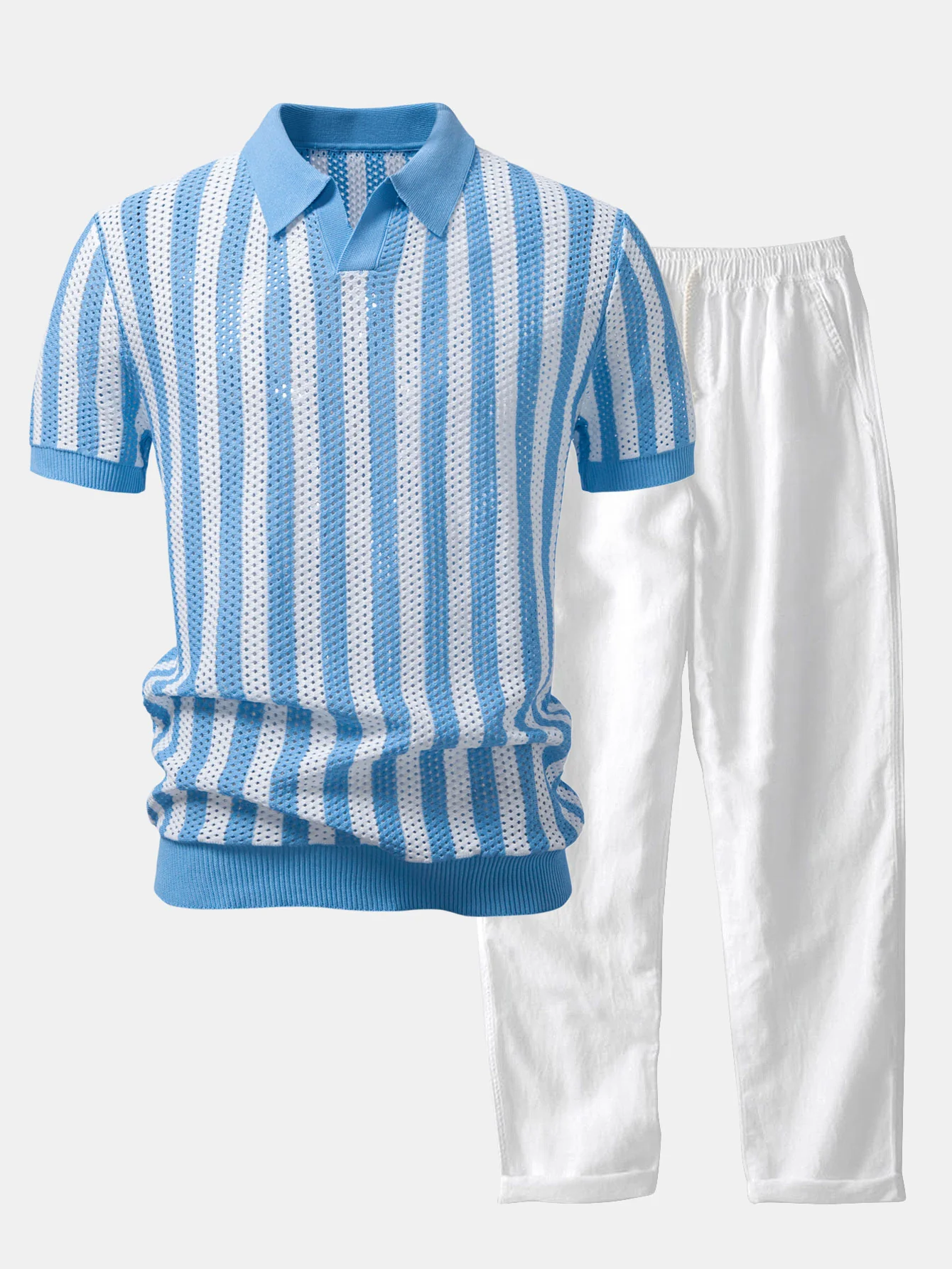 Stripe Johnny Collar Open Knit Polo & Straight Leg Linen Pants - Image 2
