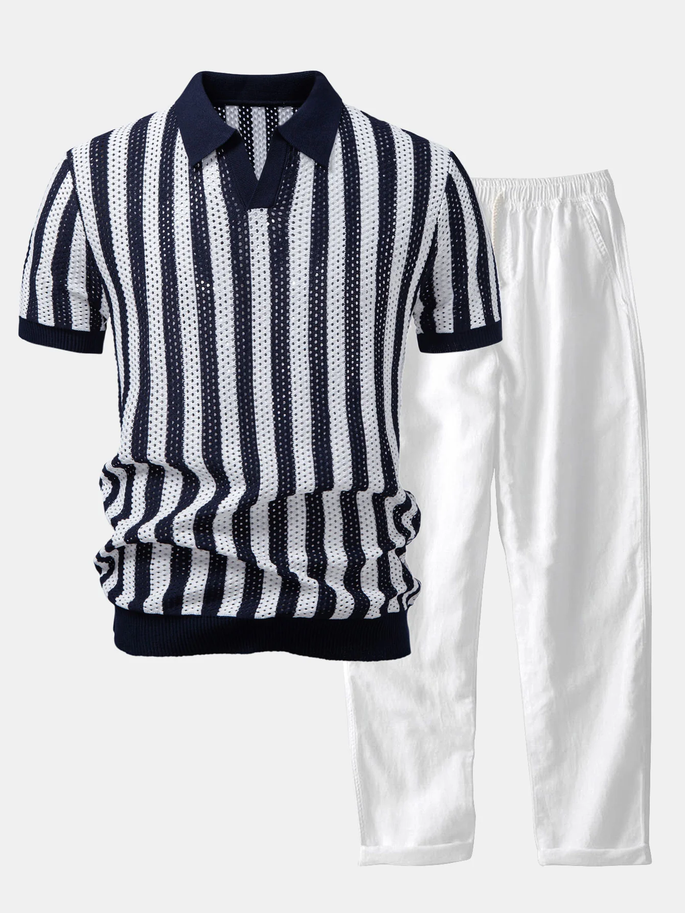 Stripe Johnny Collar Open Knit Polo & Straight Leg Linen Pants - Image 3