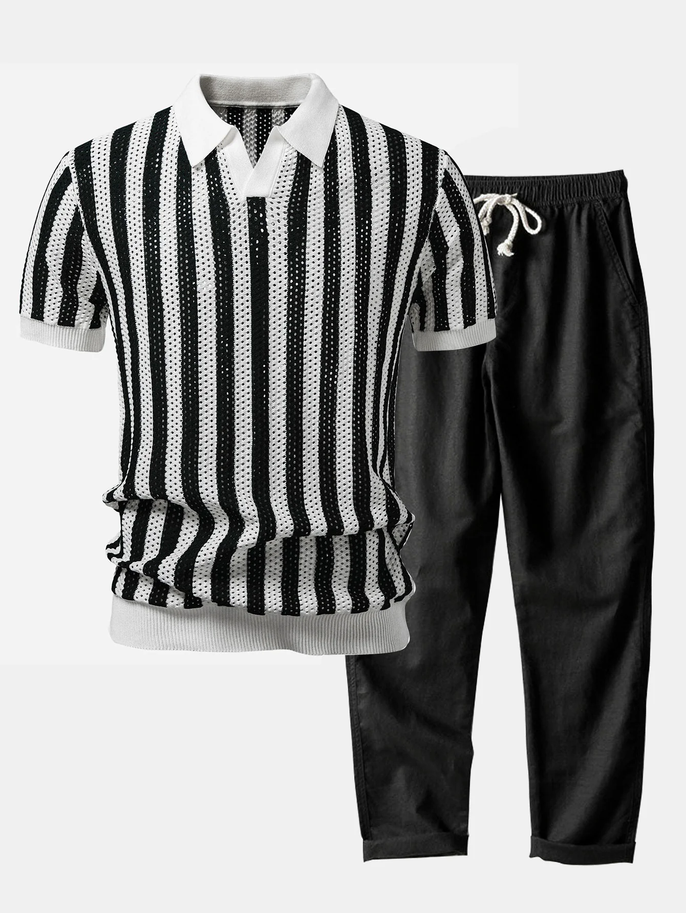 Stripe Johnny Collar Open Knit Polo & Straight Leg Linen Pants - Image 4