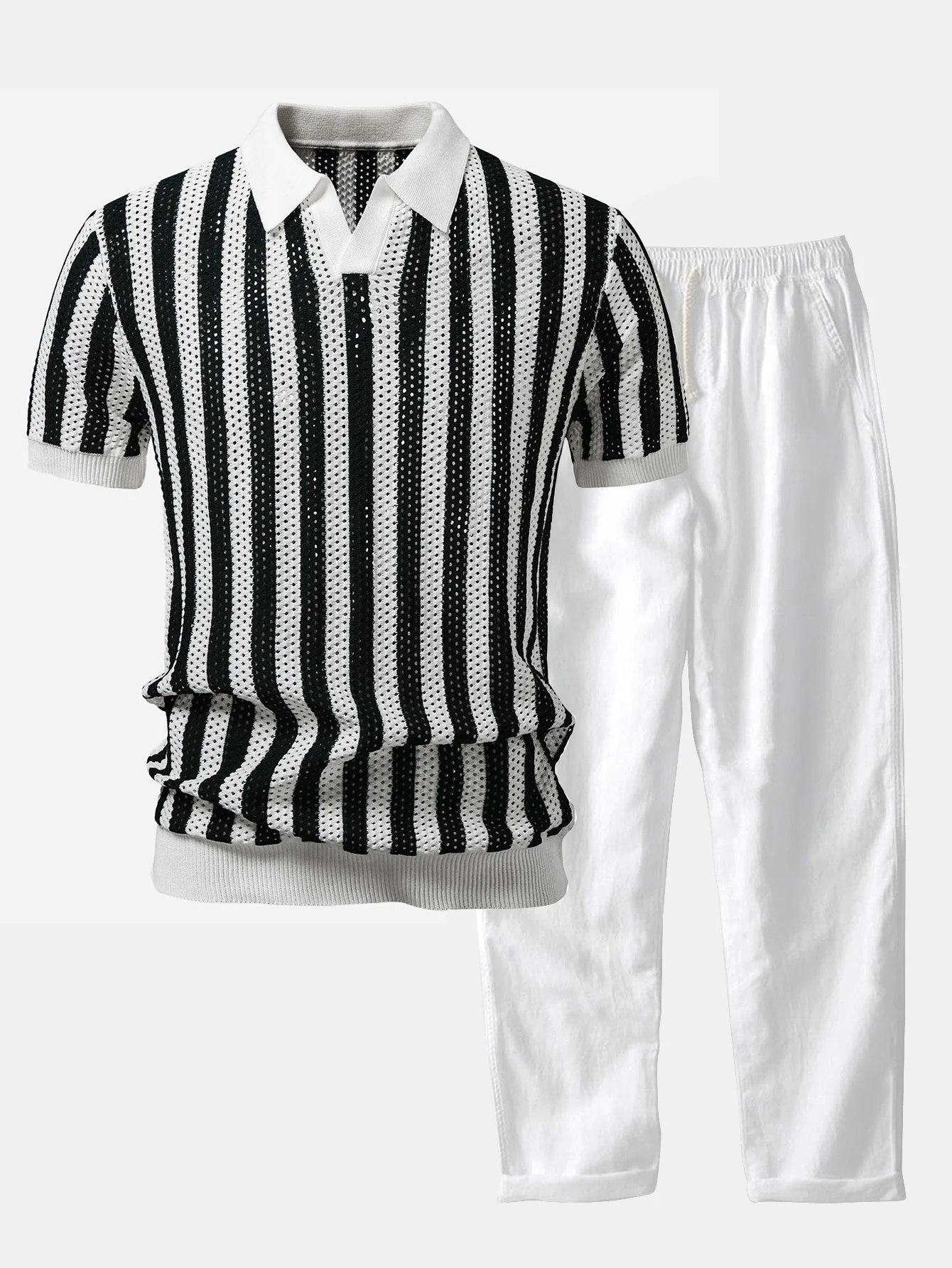 Stripe Johnny Collar Open Knit Polo & Straight Leg Linen Pants - Image 5
