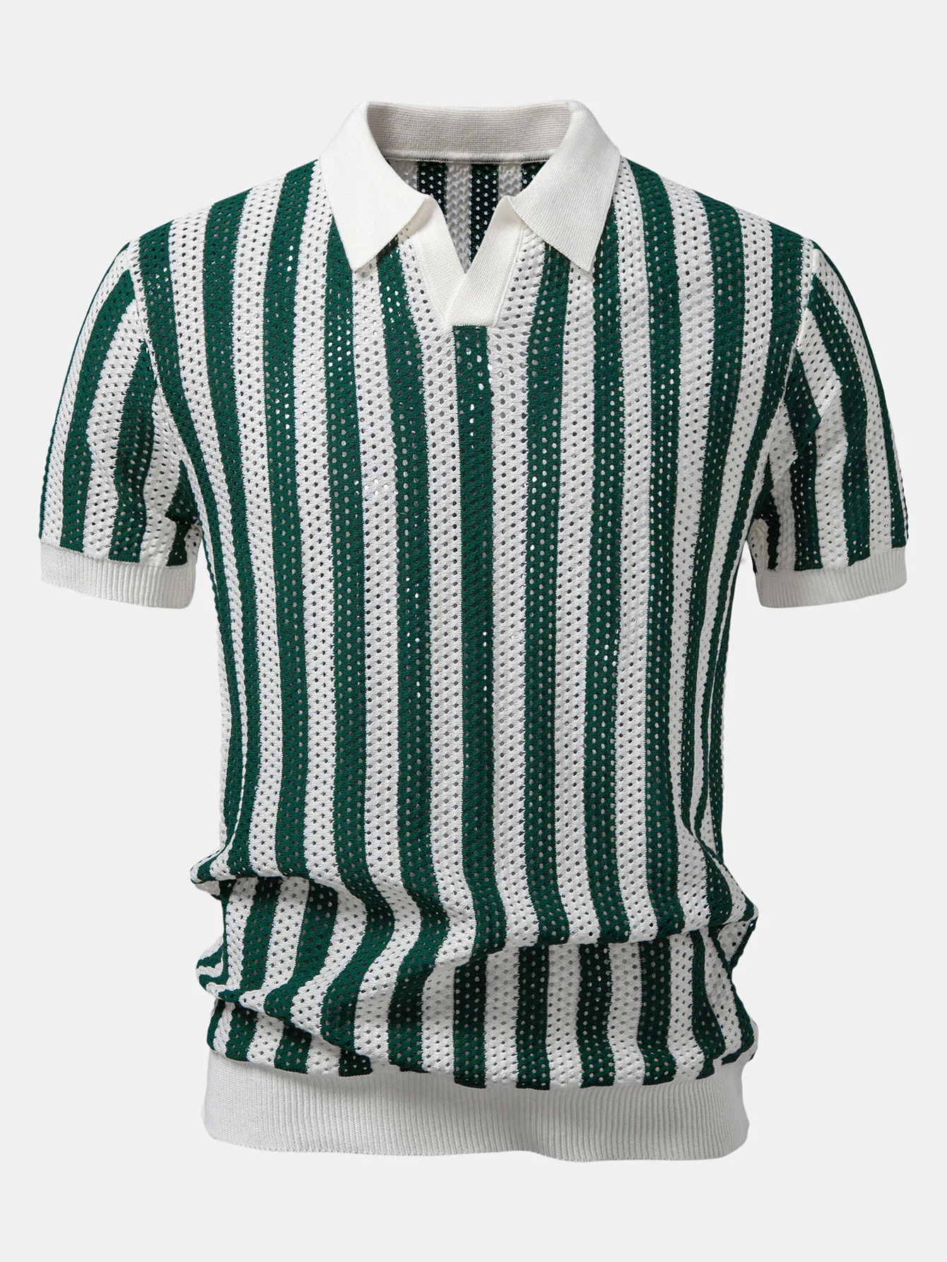 Stripe Johnny Collar Open Knit Polo - Image 3