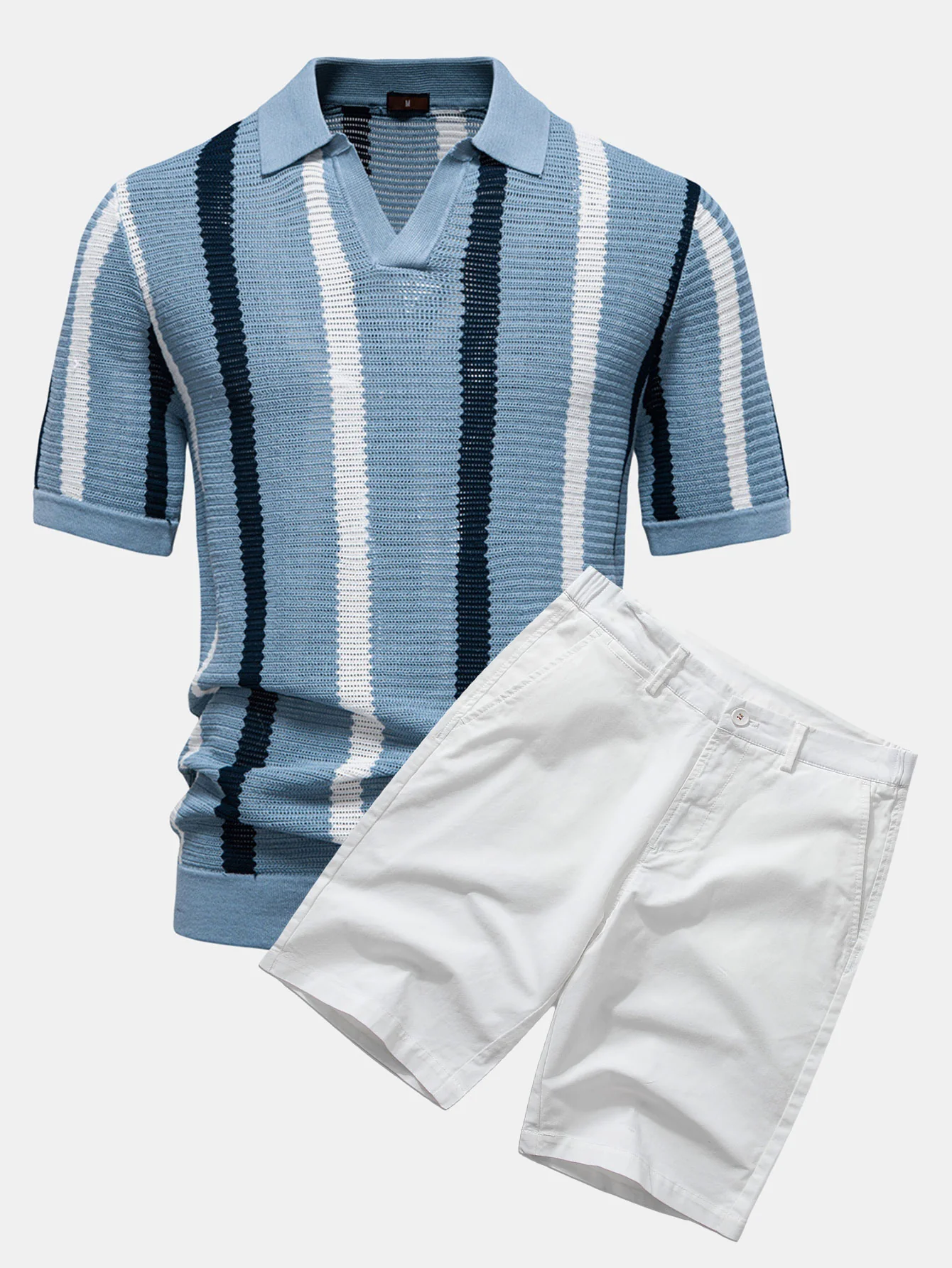 Gestreiftes Strick-Poloshirts mit V-Ausschnitt & Baumwoll-Chino-Shorts - Image 3