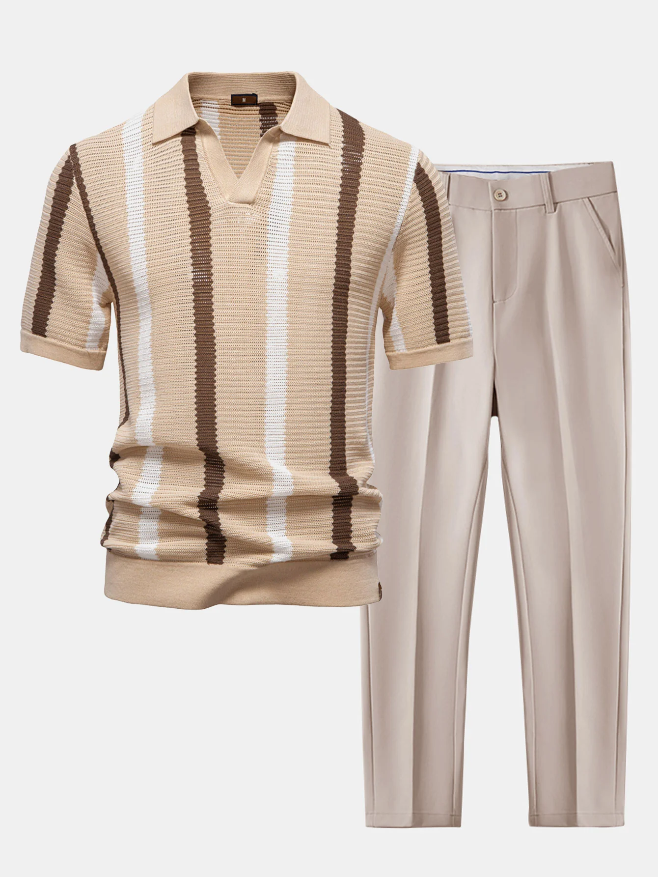 Gestreiftes Strick-Poloshirts mit V-Ausschnitt & schmal geschnittene, konisch zulaufende Hose - Image 2