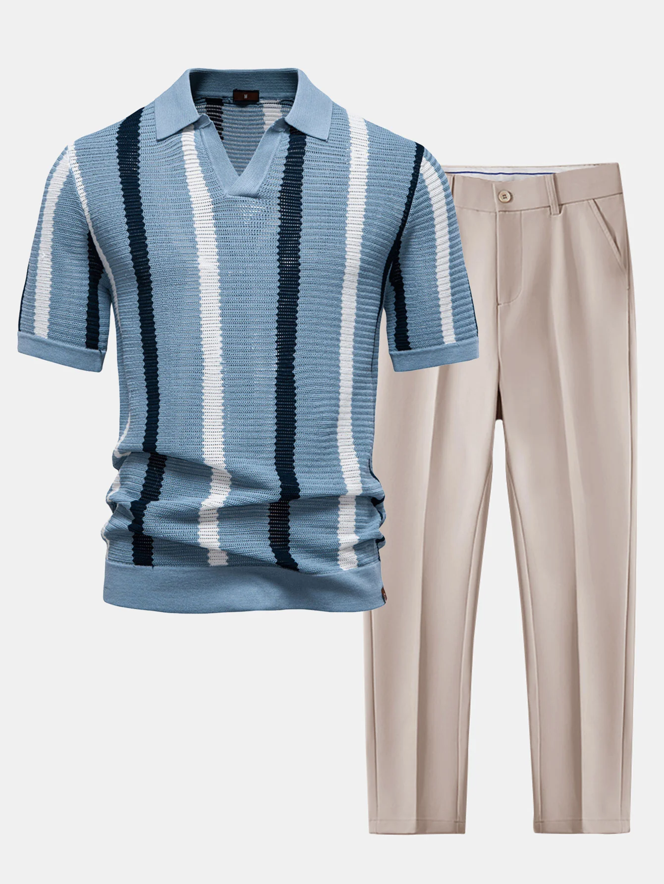 Gestreiftes Strick-Poloshirts mit V-Ausschnitt & schmal geschnittene, konisch zulaufende Hose - Image 3