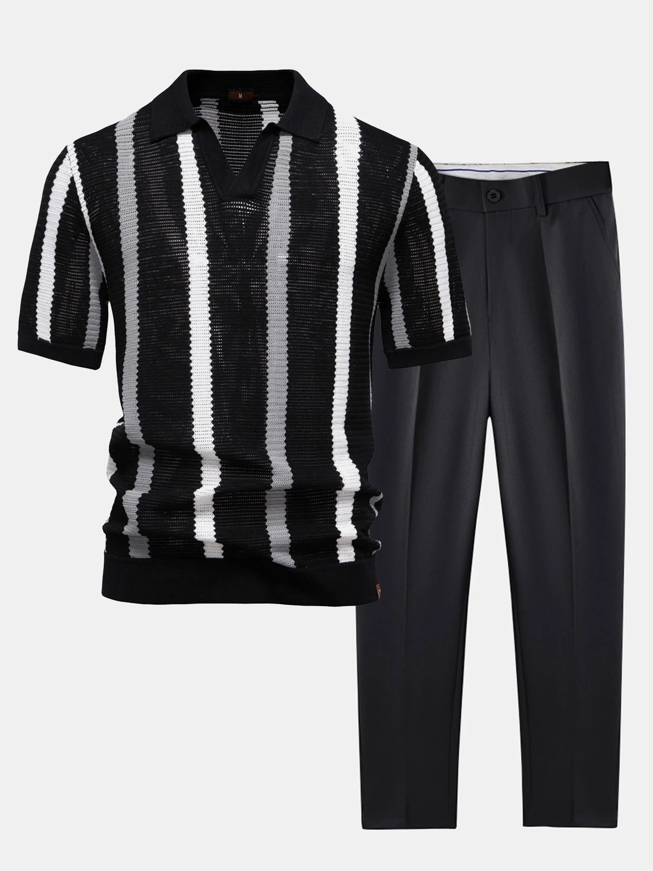 Gestreiftes Strick-Poloshirts mit V-Ausschnitt & schmal geschnittene, konisch zulaufende Hose - Image 4