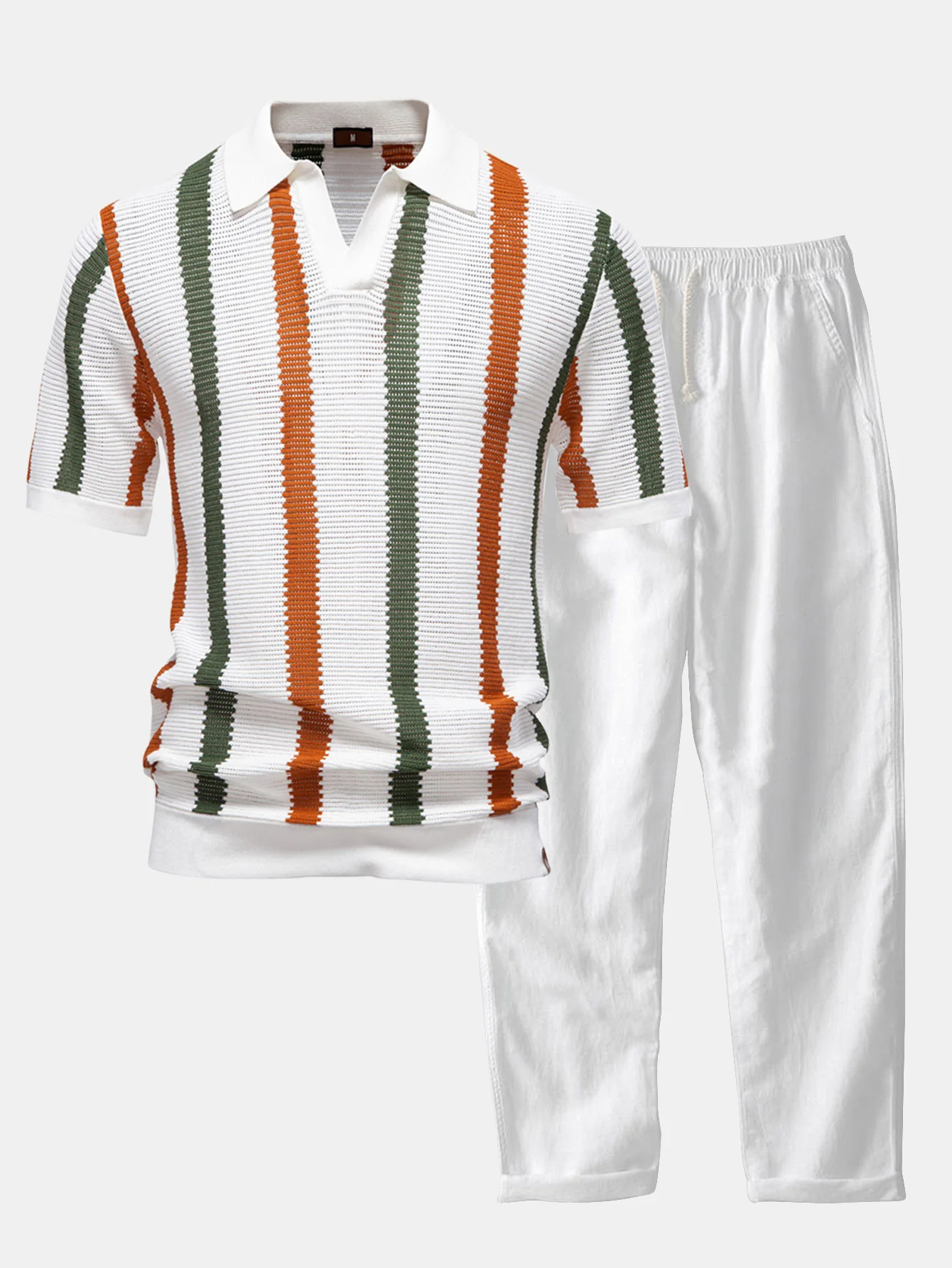 Gestreiftes Strick-Poloshirt mit V-Ausschnitt & Leinenhose mit geradem Bein