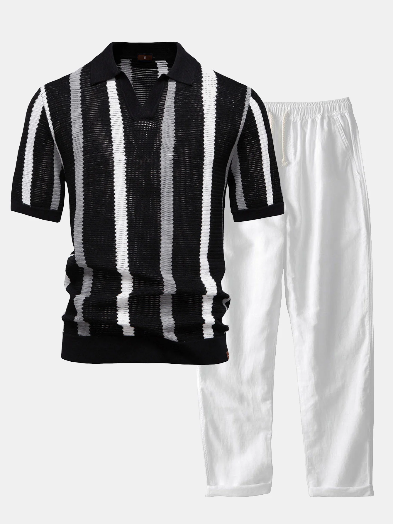 Gestreiftes Strick-Poloshirt mit V-Ausschnitt & Leinenhose mit geradem Bein - Image 2