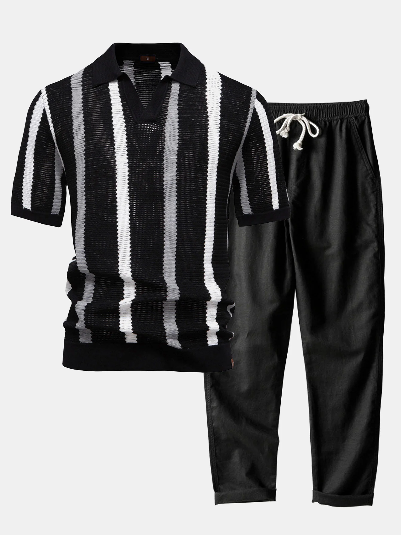 Gestreiftes Strick-Poloshirt mit V-Ausschnitt & Leinenhose mit geradem Bein - Image 3