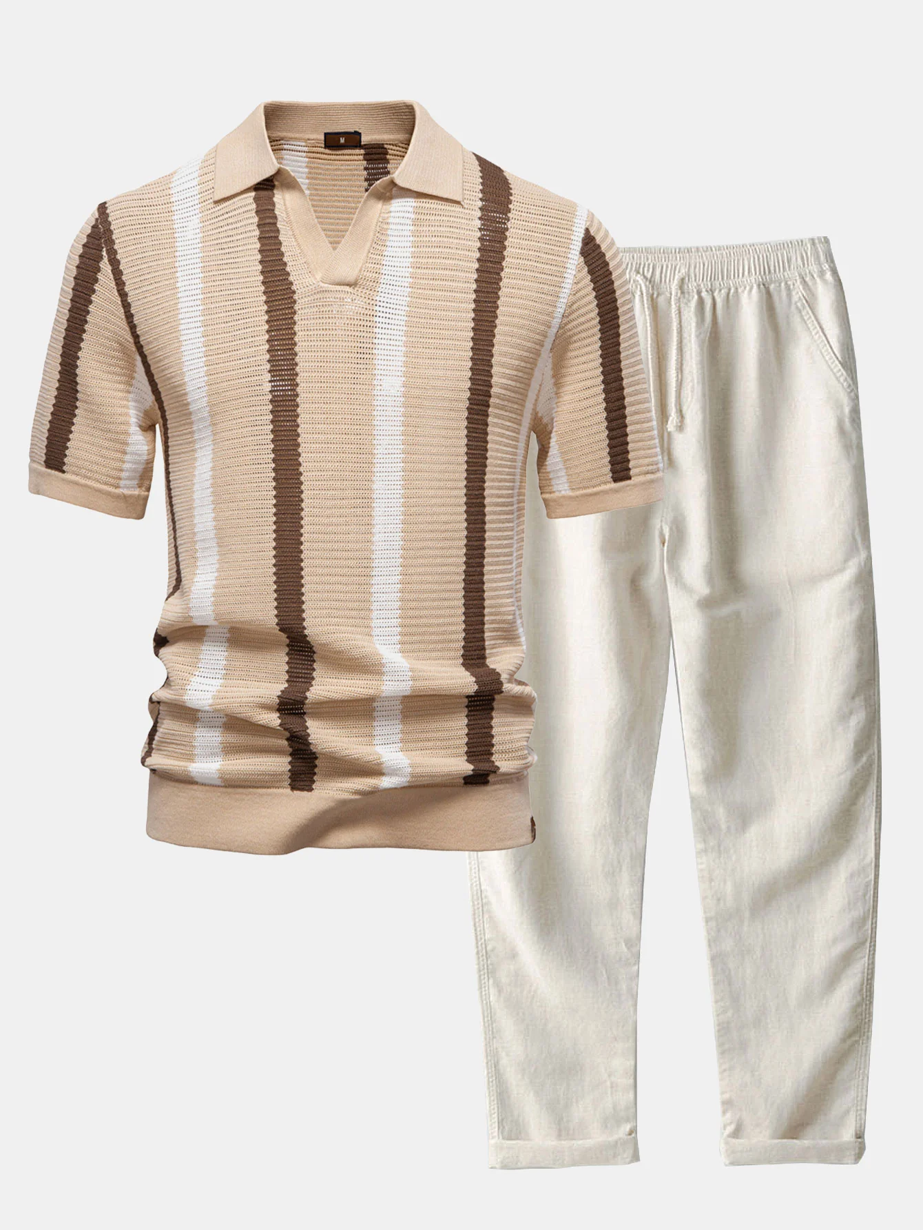 Gestreiftes Strick-Poloshirt mit V-Ausschnitt & Leinenhose mit geradem Bein - Image 4