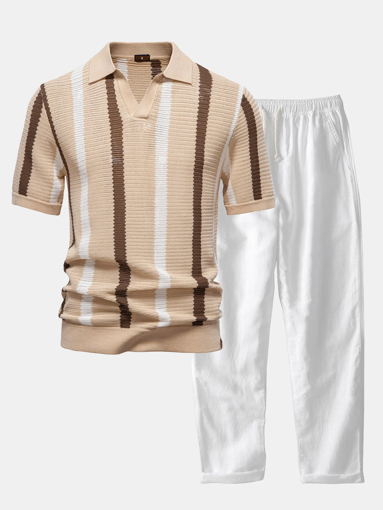 Gestreiftes Strick-Poloshirt mit V-Ausschnitt & Leinenhose mit geradem Bein - Image 5