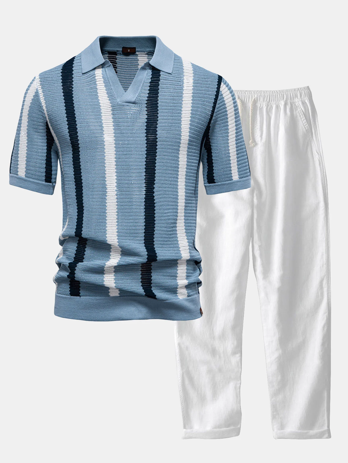 Gestreiftes Strick-Poloshirt mit V-Ausschnitt & Leinenhose mit geradem Bein - Image 6