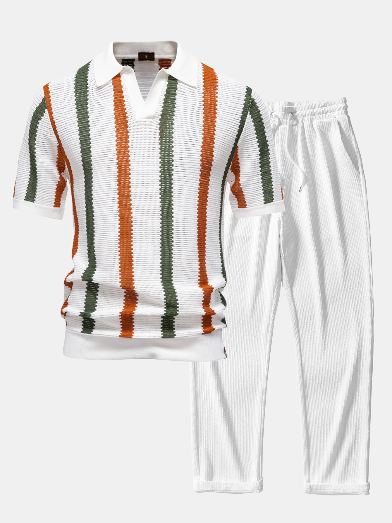 Stripe Strick V-Ausschnitt Polohemd & Gerade Bein Gerippte Hose