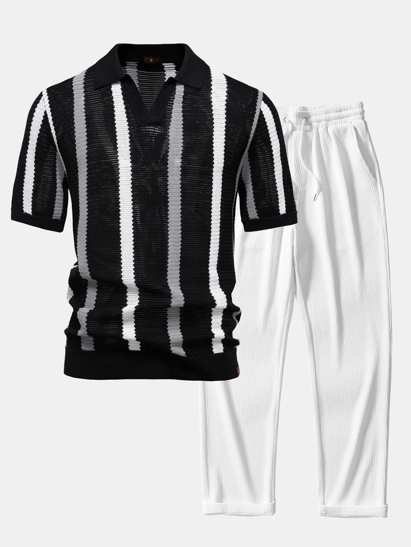 Stripe Strick V-Ausschnitt Polohemd & Gerade Bein Gerippte Hose - Image 2