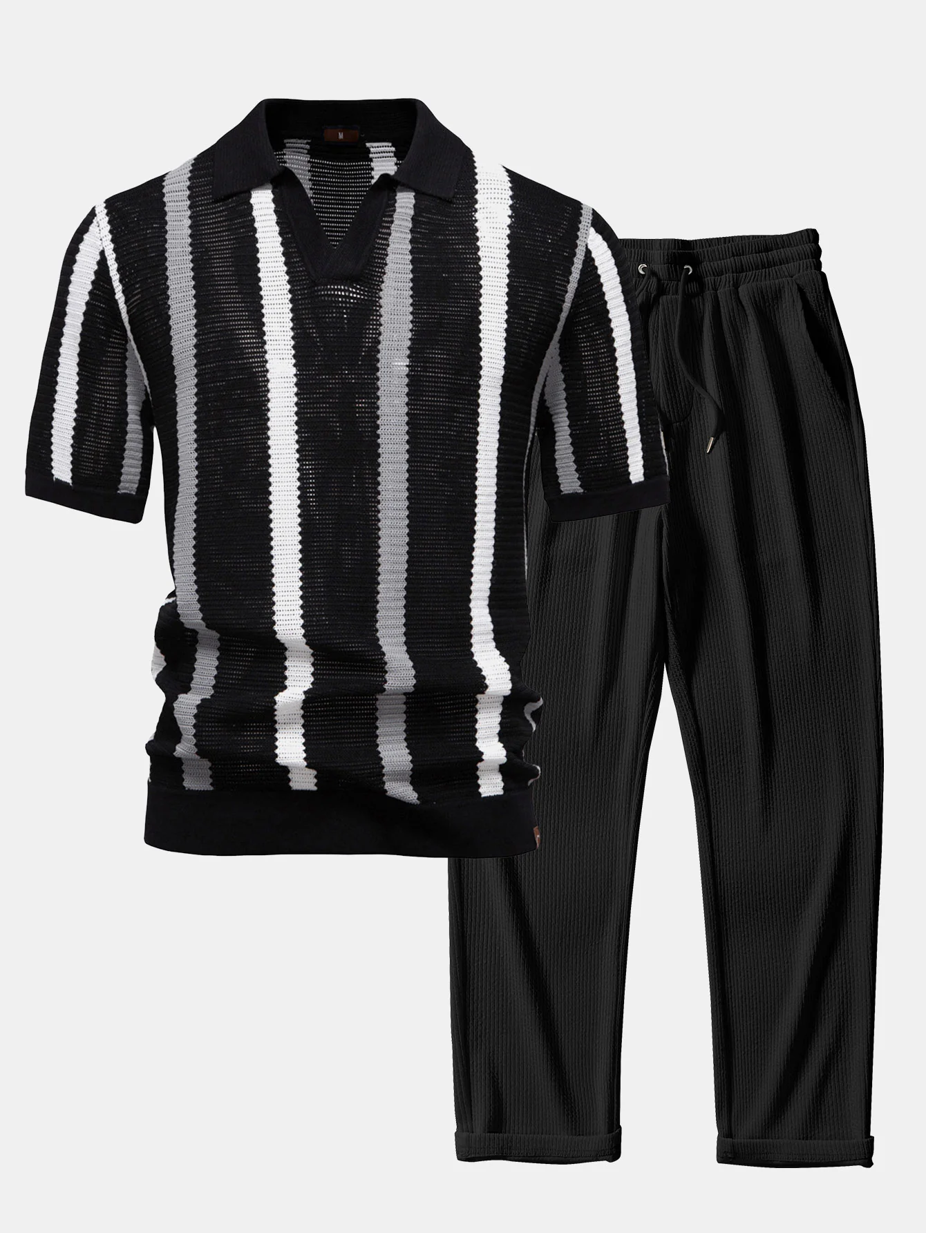 Stripe Strick V-Ausschnitt Polohemd & Gerade Bein Gerippte Hose - Image 3