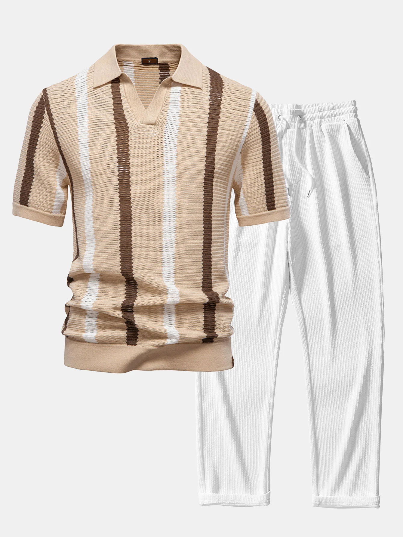 Stripe Strick V-Ausschnitt Polohemd & Gerade Bein Gerippte Hose - Image 4
