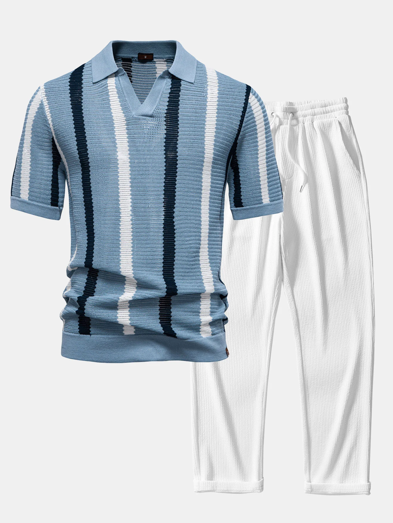Stripe Strick V-Ausschnitt Polohemd & Gerade Bein Gerippte Hose - Image 5