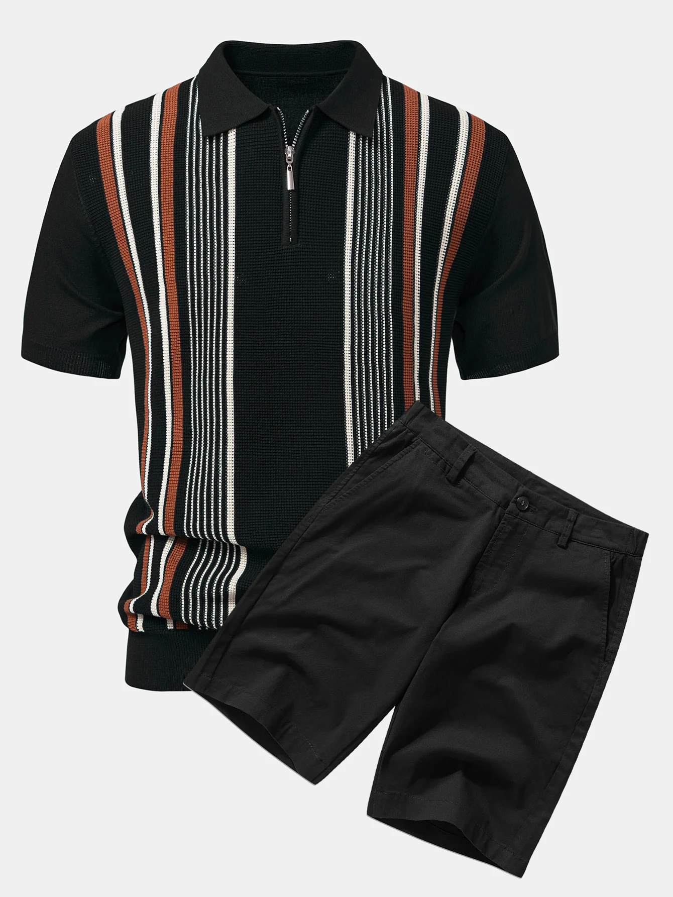 Gestreiftes Strick-Poloshirt mit Reißverschluss & Baumwoll-Chino-Shorts - Image 3