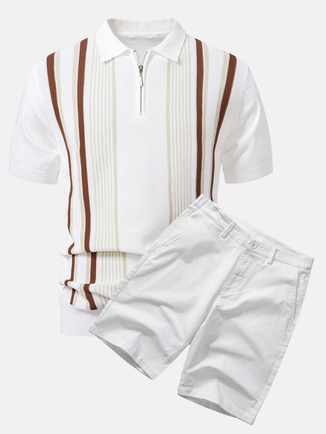 Gestreiftes Strick-Poloshirt mit Reißverschluss & Baumwoll-Chino-Shorts - Image 4