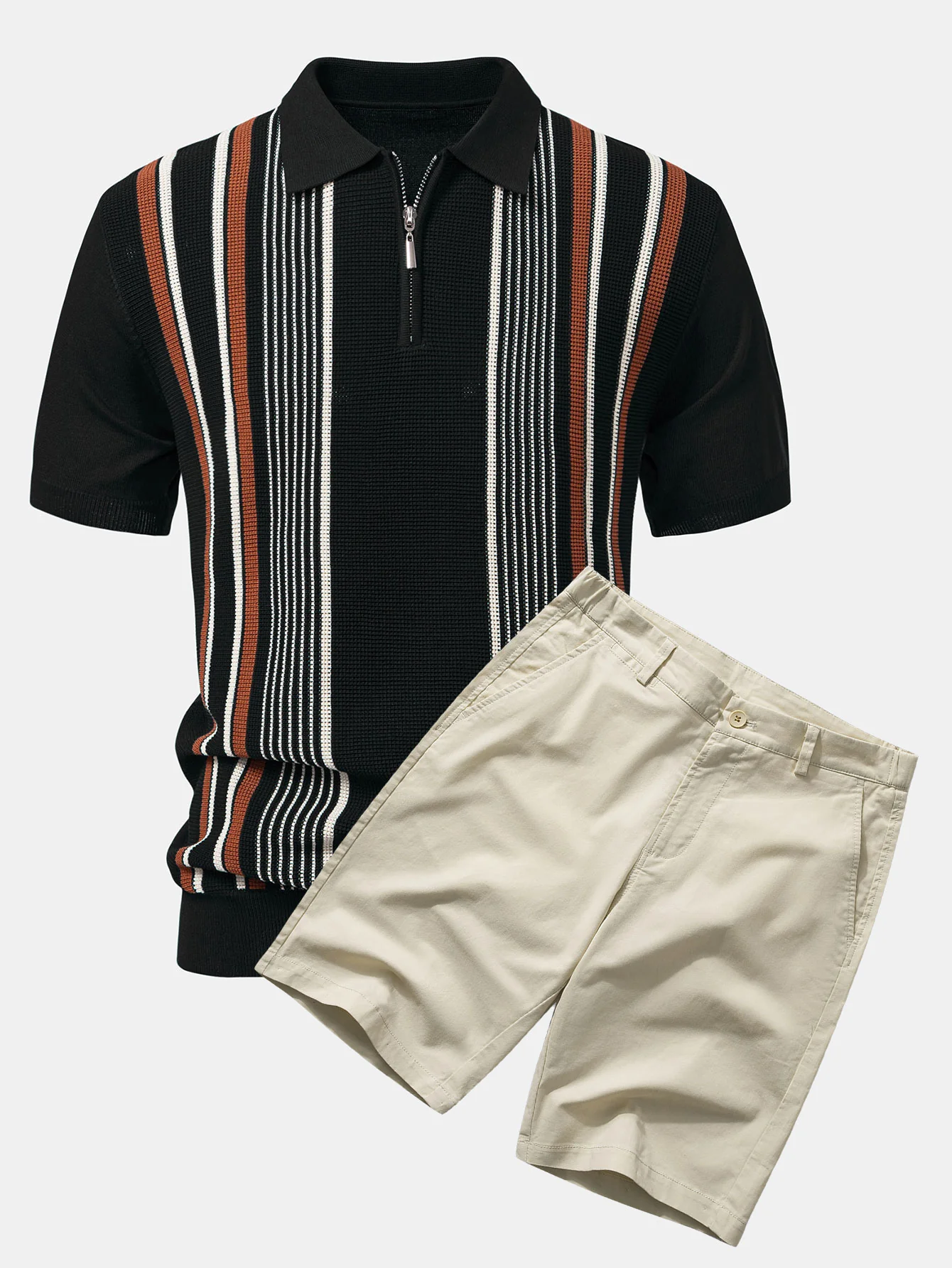 Gestreiftes Strick-Poloshirt mit Reißverschluss & Baumwoll-Chino Shorts - Image 3
