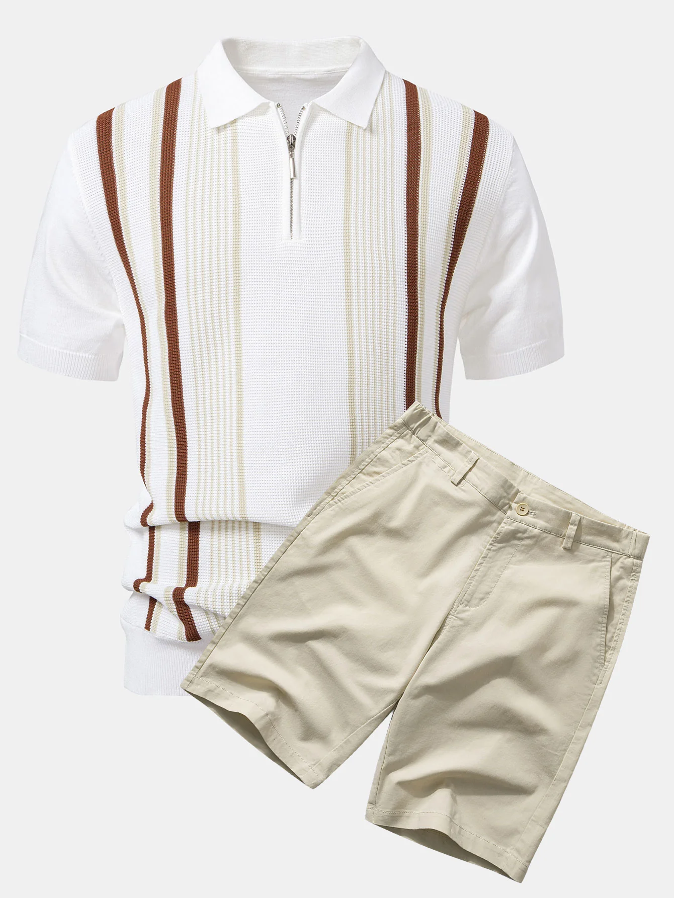 Gestreiftes Strick-Poloshirt mit Reißverschluss & Baumwoll-Chino Shorts - Image 4