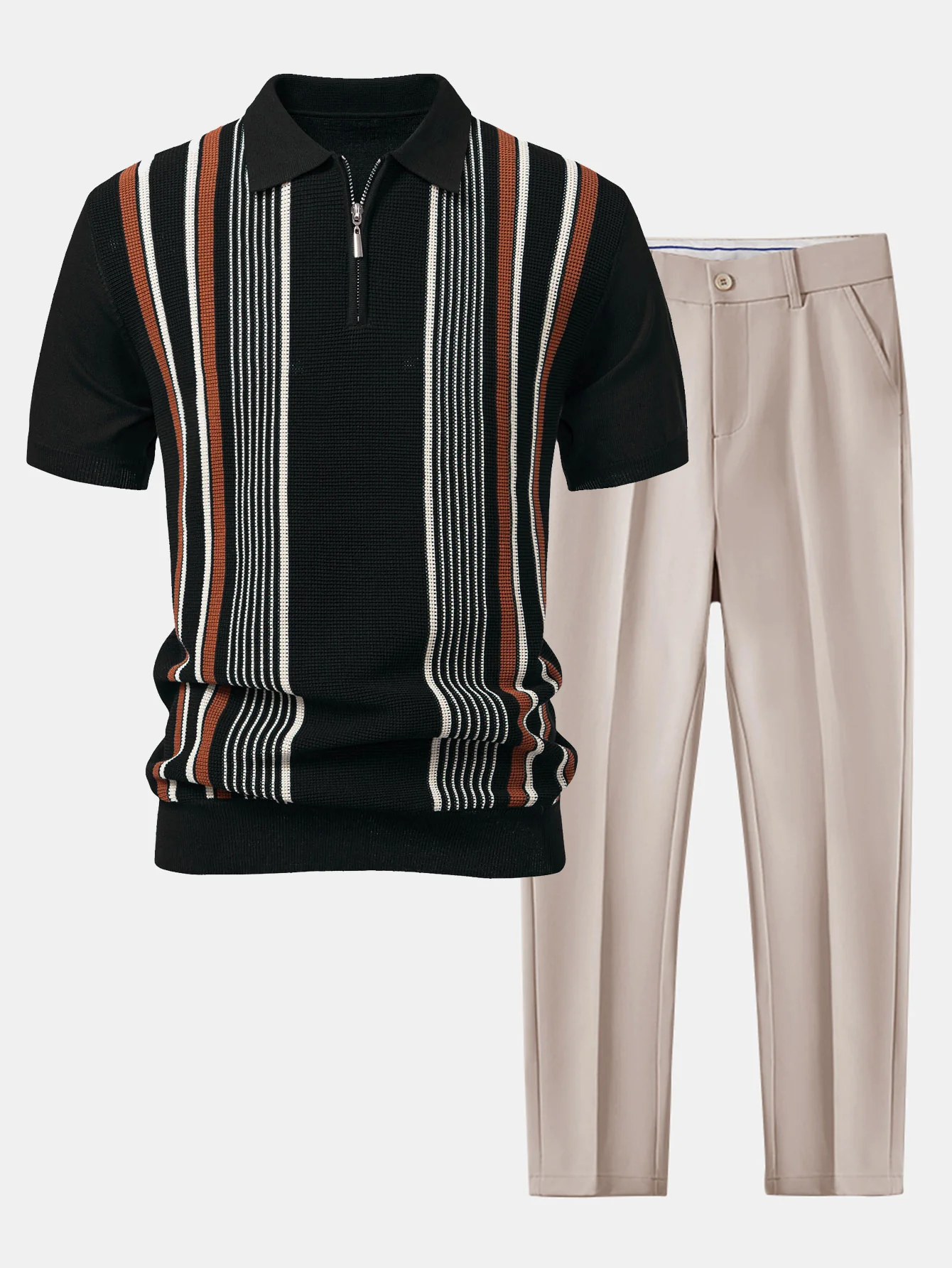 Stripe Knit Zip Up Poloshirts-Shirt & Slim Fit Tapered Hose - Image 2