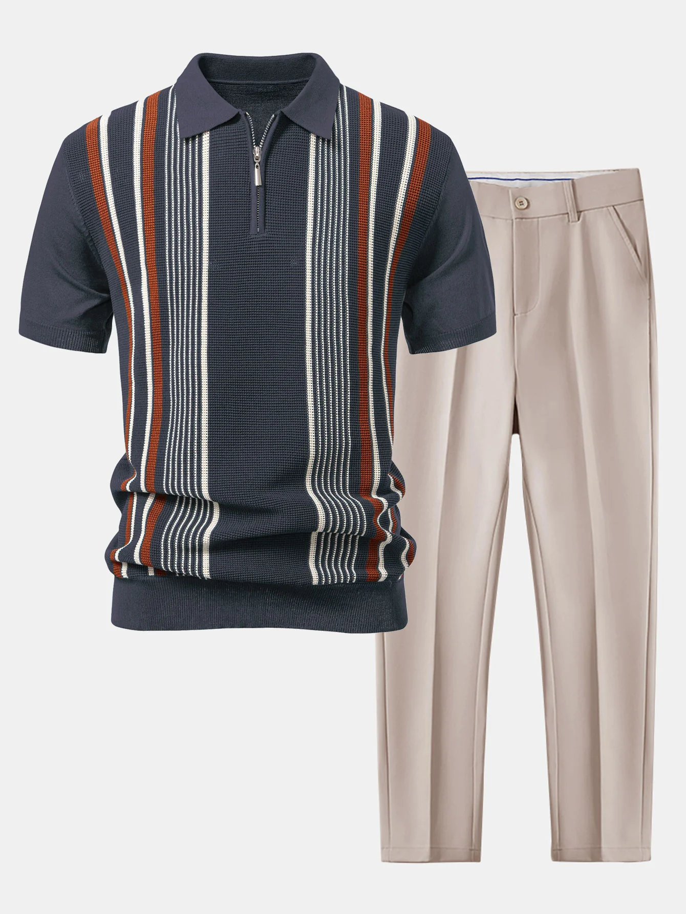 Stripe Knit Zip Up Poloshirts-Shirt & Slim Fit Tapered Hose - Image 3
