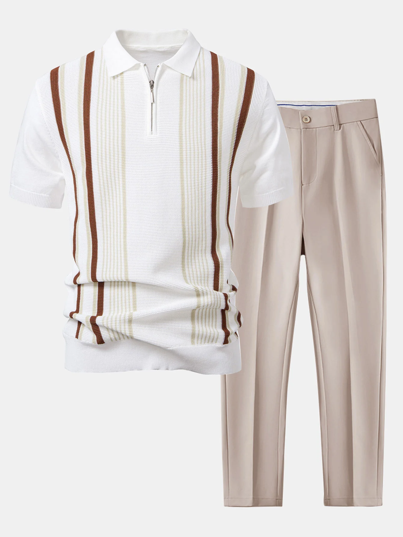 Stripe Knit Zip Up Poloshirts-Shirt & Slim Fit Tapered Hose - Image 4