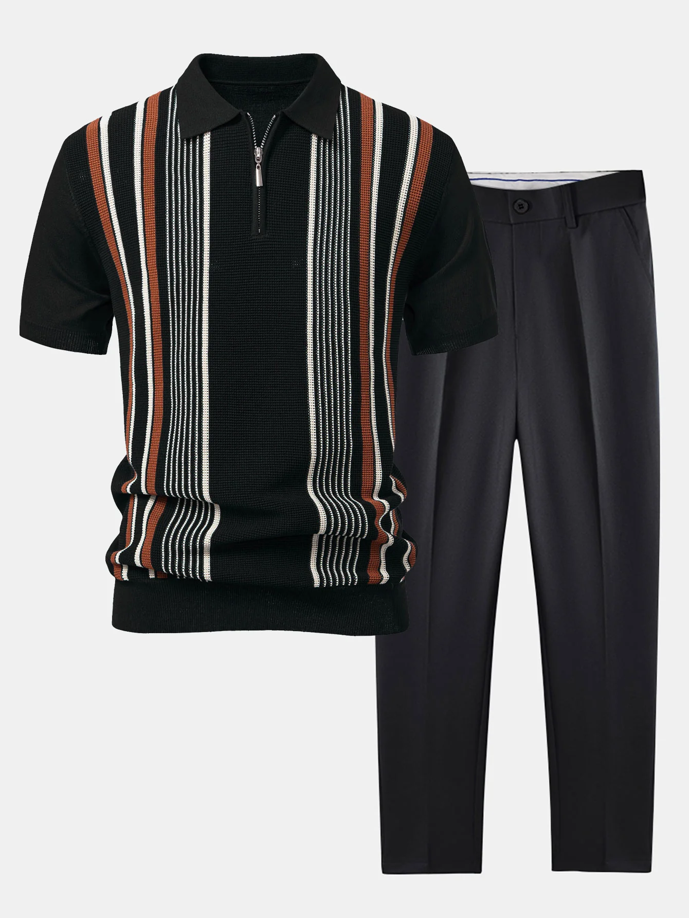 Stripe Knit Zip Up Poloshirts-Shirt & Slim Fit Tapered Hose - Image 5