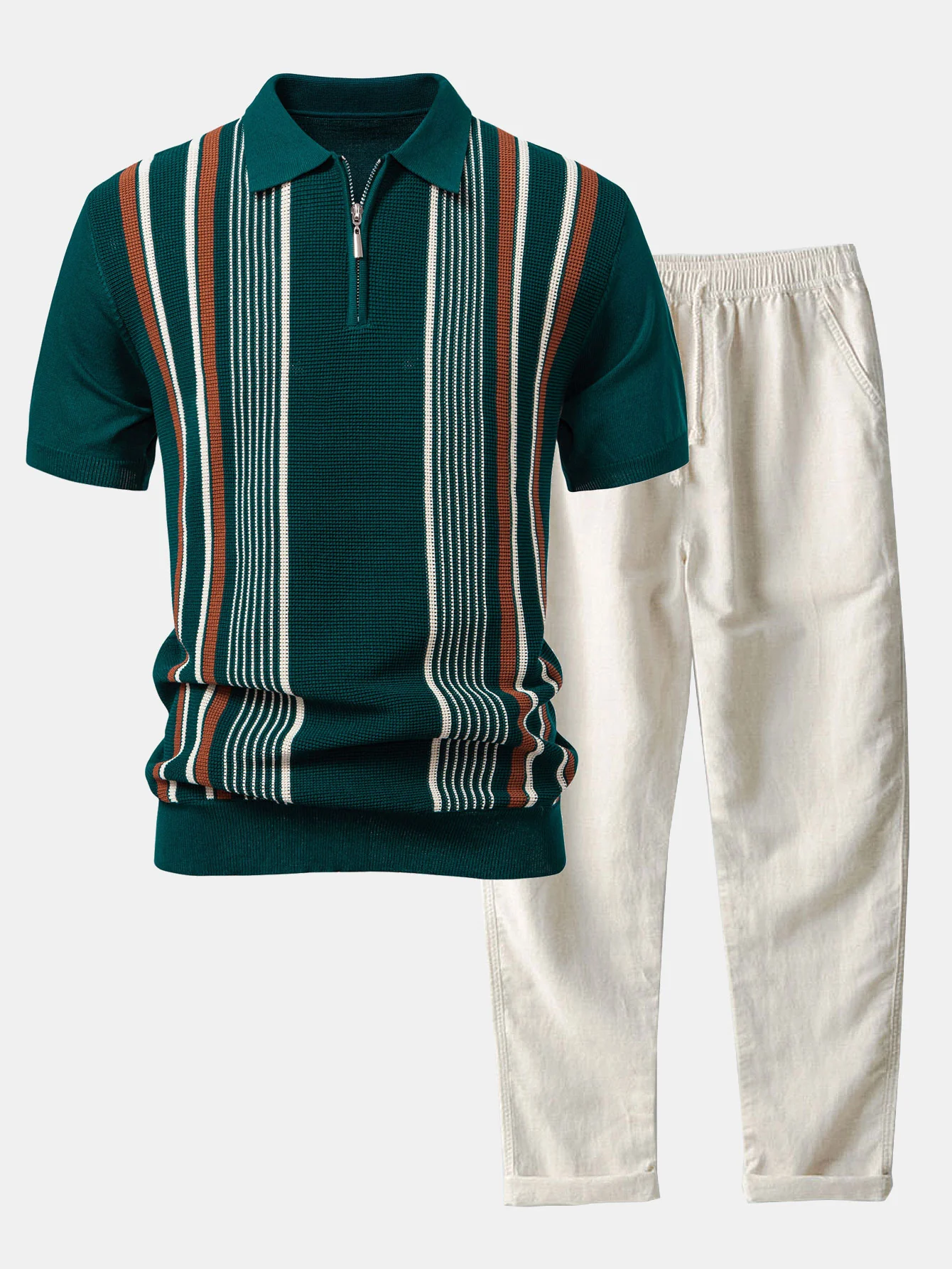 Stripe Knit Zip Up Poloshirts Shirt & Straight Leg Leinenhose