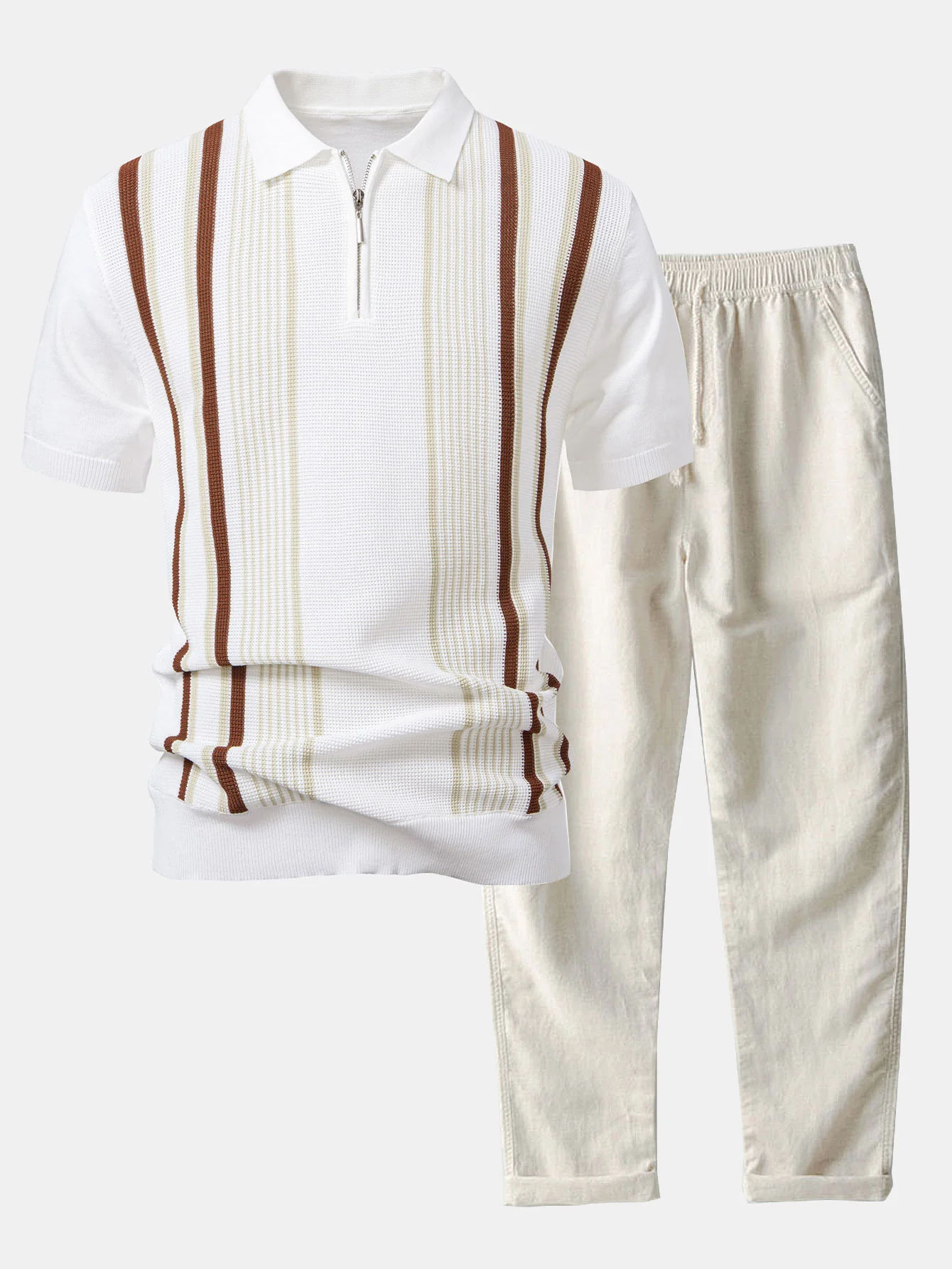 Stripe Knit Zip Up Poloshirts Shirt & Straight Leg Leinenhose - Image 2
