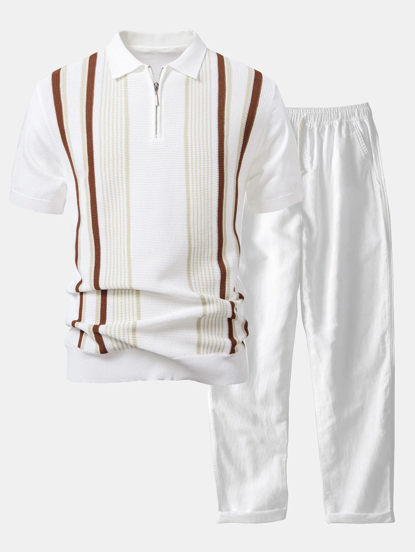 Stripe Knit Zip Up Poloshirts Shirt & Straight Leg Leinenhose - Image 3