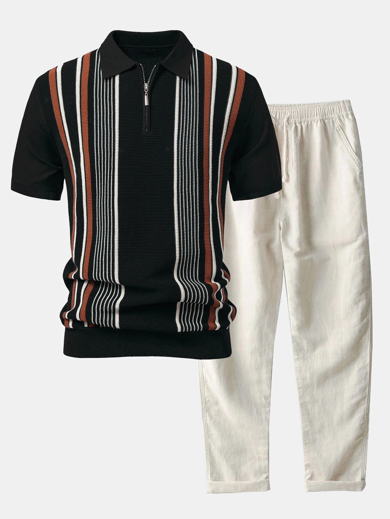 Stripe Knit Zip Up Poloshirts Shirt & Straight Leg Leinenhose - Image 4