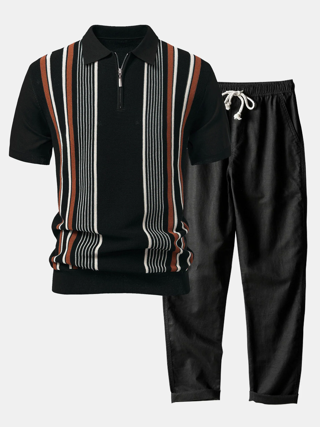 Stripe Knit Zip Up Poloshirts Shirt & Straight Leg Leinenhose - Image 5