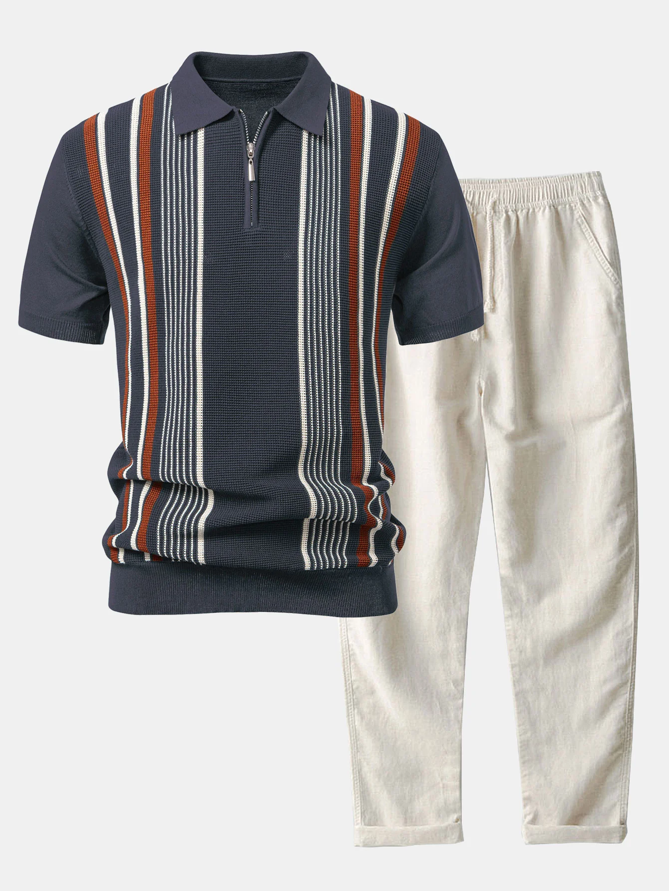 Stripe Knit Zip Up Poloshirts Shirt & Straight Leg Leinenhose - Image 6