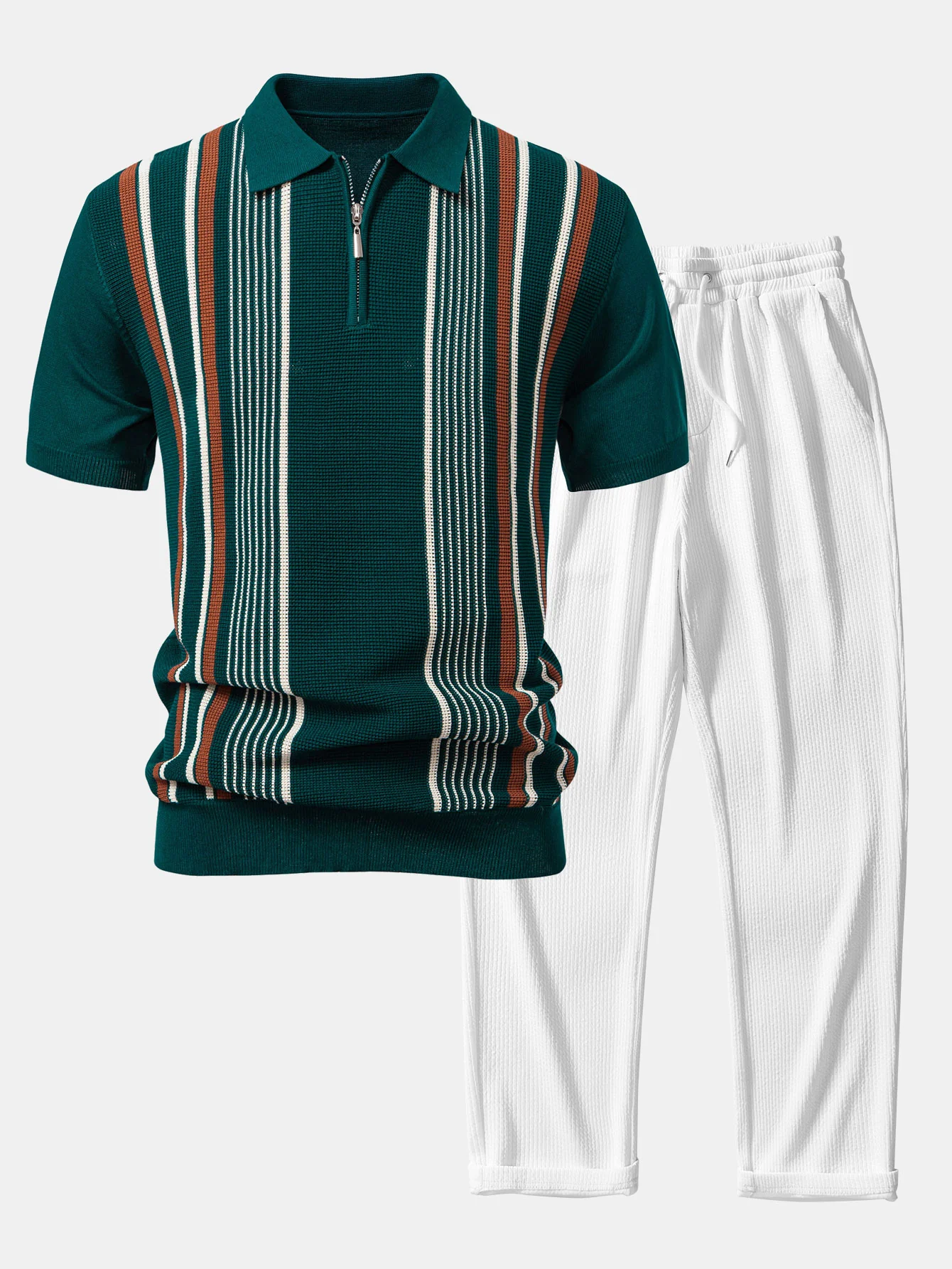 Gestreiftes Strick-Poloshirt mit Reißverschluss & gerade geschnittene, gerippte Hose