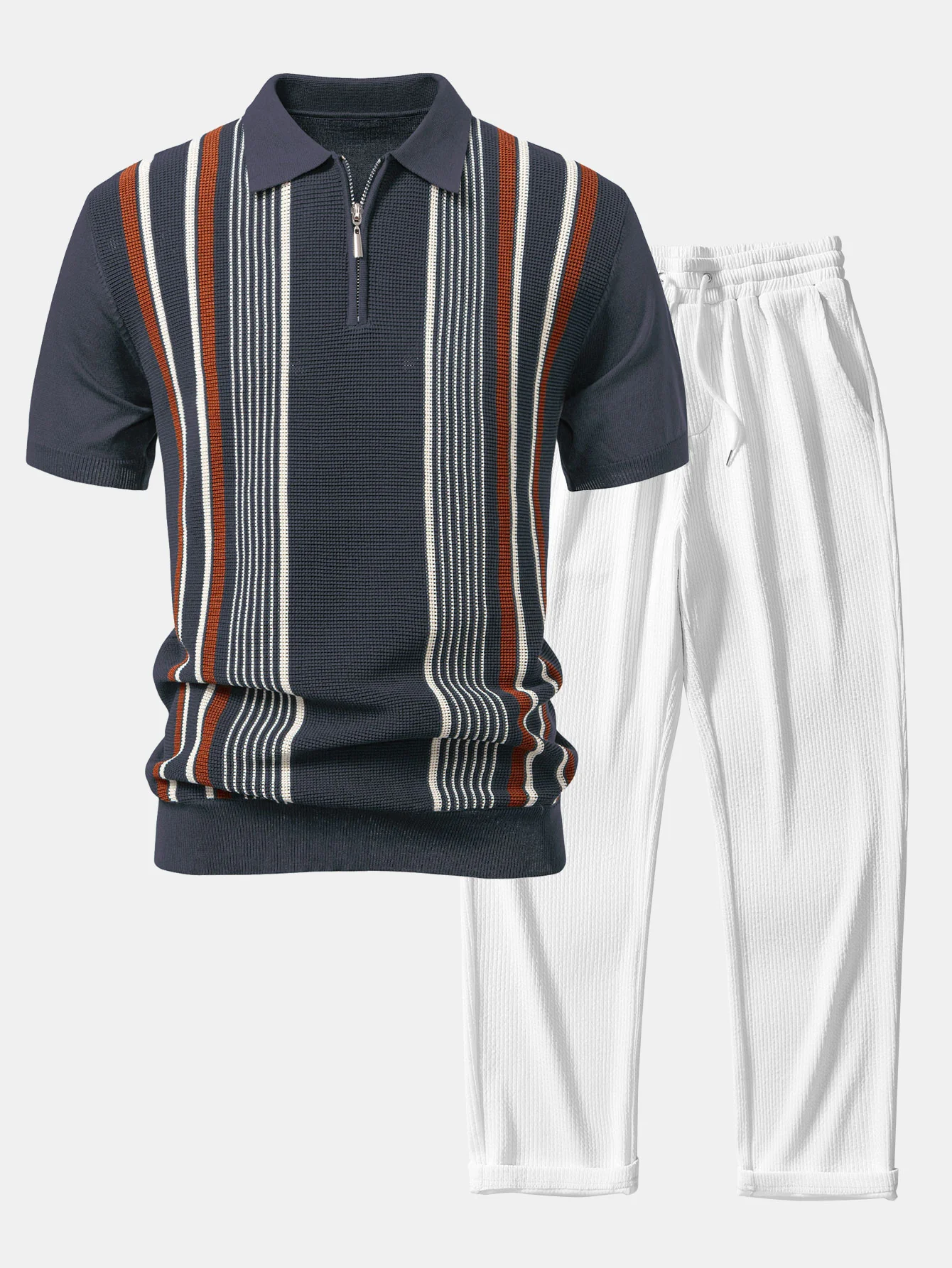 Gestreiftes Strick-Poloshirt mit Reißverschluss & gerade geschnittene, gerippte Hose - Image 2