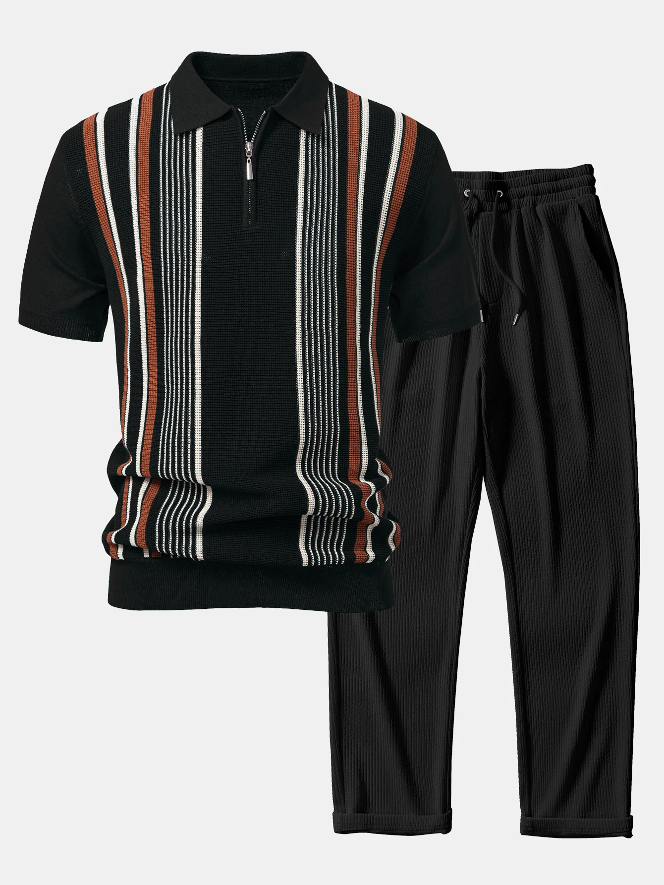 Gestreiftes Strick-Poloshirt mit Reißverschluss & gerade geschnittene, gerippte Hose - Image 3