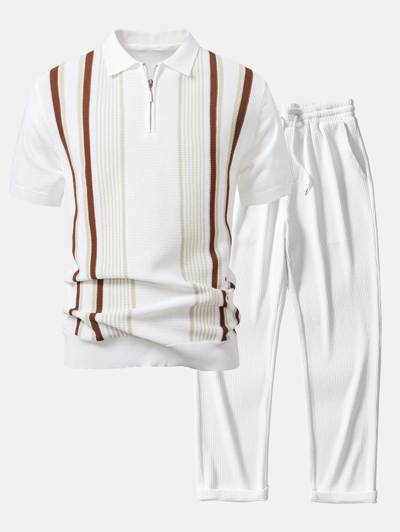 Gestreiftes Strick-Poloshirt mit Reißverschluss & gerade geschnittene, gerippte Hose - Image 4