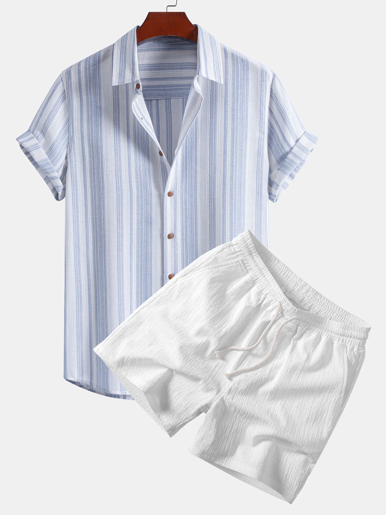 Stripe Linen Look Button Up Shirt & Crinkle Textured Drawstring 5" Shorts - Image 2