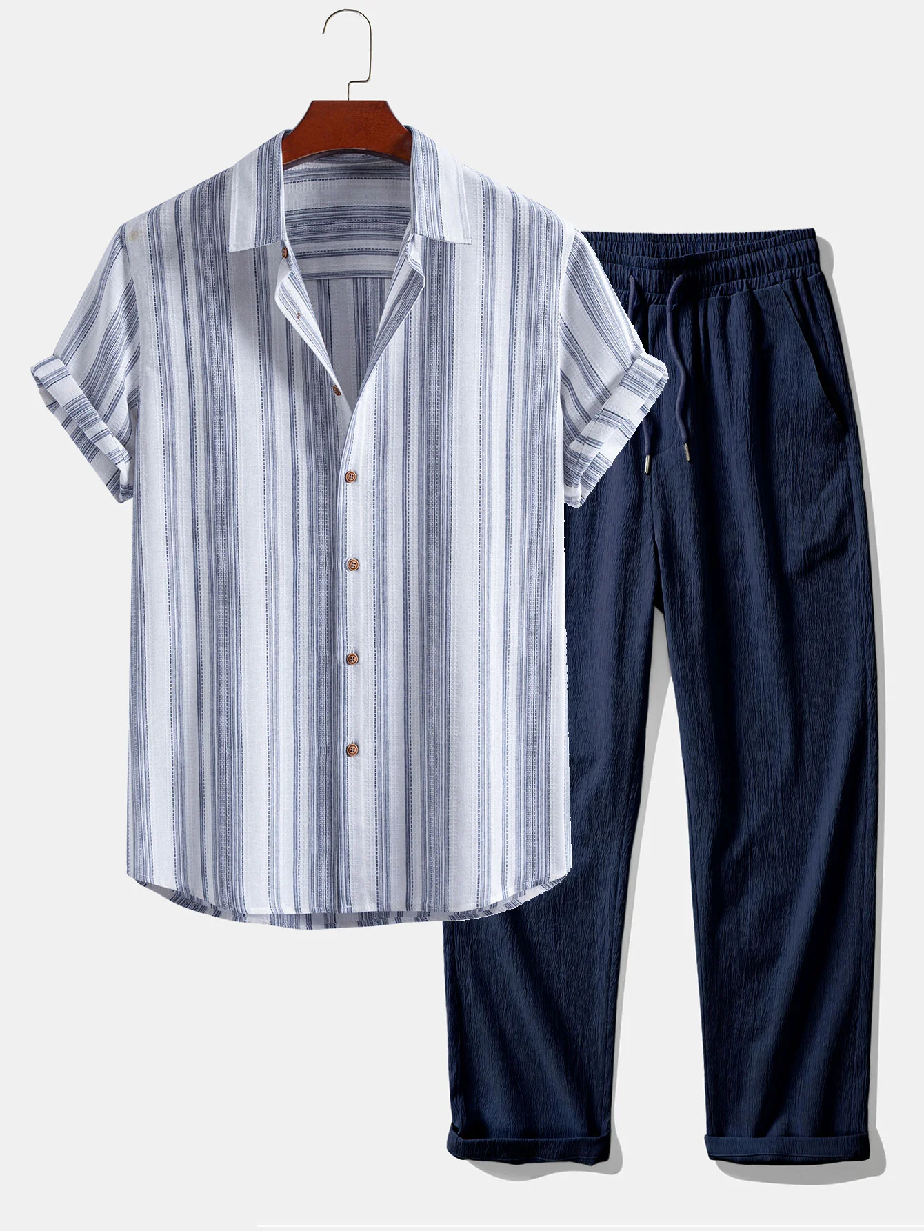 Stripe Linen Look Button Up Shirt & Crinkle Textured Straight Leg Pants - Image 2